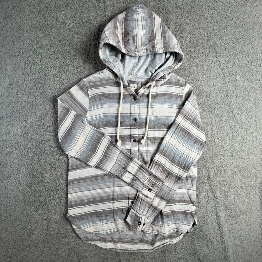 BKE Mens Large Striped Hooded Flannel Shirt Grey Brown 100%‎ Cotton Long Sleeve